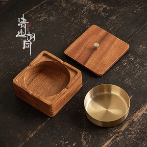 Cendrier carré en bois de noyer Qingshan <span class=keywords><strong>Hutong</strong></span> avec couvercle, style rétro, accessoire de table à thé pour la maison - Product Image 3