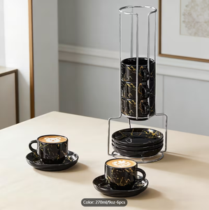 Bulk Black Gold Marble Stackable Coffee <b>Cup</b> Saucer Set Metal Rack 270ml 6pcs Ceramic Mugs Custom Logo Cafe Hotel Supermarket - Product Image 6