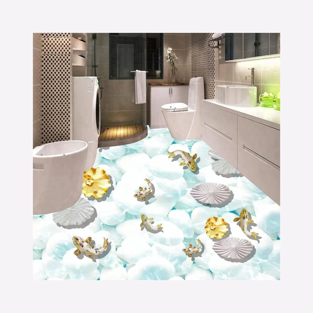 Large Size Modern Murals Fish Pond 3D Tile Bathroom Floor Stickers For Interior Decor