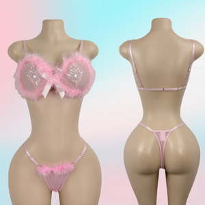 ชุดบอลรูมสีชมพูสวยงาม ผ้าพลัฌเนื้อนุ่ม ซีทรู ชุดสองชิ้น บราไร้โครงเหล็ก ชุดนักเต้นระบำเปลื้องผ้า ชุดเต้นรำแปลกใหม่ - Product Image 2