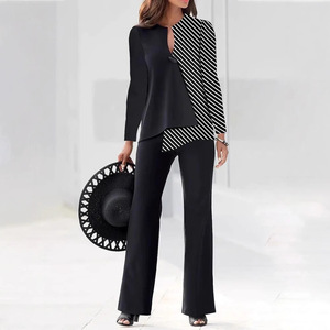 Conjunto Elegante de 2 Piezas para Mujer: Blusa de Manga Larga con Bloques de Color y Pantalones para Uso Profesional - Product Image 1