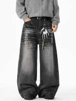 Nouveau jean streetwear foncé pour homme, déchiré, effet vieilli, ample, pantalon décontracté streetwear à jambes larges