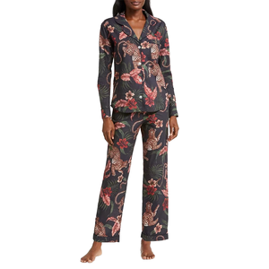 Ensemble de pyjamas en coton biologique été 2024, doux, manches longues, imprimé hawaïen, vêtements de nuit tissés personnalisés, respirant, taille élastique pour femmes - Product Image 1