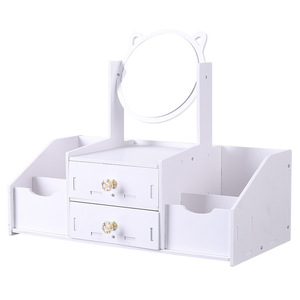 Cat Ear Makeup <b>Mirror</b> With Drawer Wooden Storage <b>Box</b> For Desktop Cosmetic Organizer Modern Style - Product Image 3