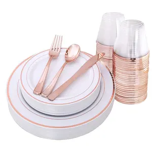 Vajilla elegante de plástico desechable con platos de oro rosa, 150 unidades