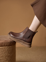 Bottines Chelsea en cuir véritable pour femmes, à enfiler, avec côtés élastiques, bout rond, semelle plateforme épaisse, décontractées, marron