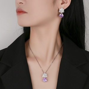 High End Eco-friendly Copper 12MM Zircon Rose Flower Petal Violet Floral Dangle <b>Earrings</b> and Pendant Necklace Set for Women - Product Image 6