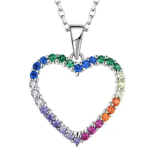 Wholesale Classic Women 925 Silver Pendant Rhodium Plated Colourful Stone Diamond 2023 Heart Zircon Charm Pendant Jewelry