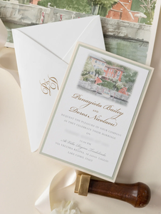 Invitation de lieu de mariage aquarelle personnalisée avec feuille d'or | Villa Regina Teodolinda | Lac de Côme - Product Image 1