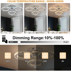 Plafonnier LED à intensité variable et 3 couleurs changeantes, design moderne et luxueux, 3 anneaux, à montage en surface, avec cristaux, pour salon et maison - Product Image 3