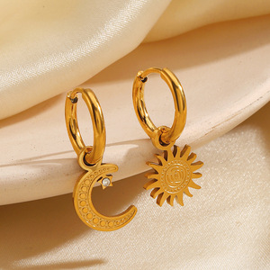 EH186 Sun Moon Stainless Steel Earrings Simple Moon Sun Asymmetrical Natural Stone Gold-Color Plating Trendy Butterfly Shape - Product Image 2