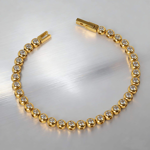Pulsera de tenis para mujer, chapada en oro de 14 quilates, de acero inoxidable, con circonitas cúbicas 5A de corte redondo, engaste de bisel, multicolor, resistente al agua, pulsera de tenis de regalo - Product Image 4