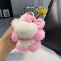 Porte-clés en fourrure de vison et peluche de vache, élégant, pour sac à clés de voiture