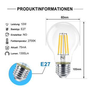 10W E27 LED Edison vite a filamento lampadina, caldo bianco 2700K, A60 Vintage trasparente globo di vetro lampadine a risparmio energetico, Non-dimmerabile - Product Image 4