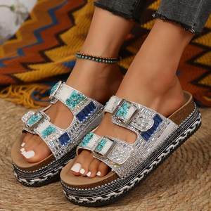 Nuevas Sandalias planas de verano, de fondo grueso cuerda de cáñamo, doble botón, corcho de diamante de <span class=keywords><strong>agua</strong></span>, zapatillas de playa, zapatillas grandes para mujer - Product Image 3