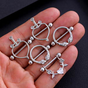 Anneaux de mamelon hypoallergéniques Chic pour femmes en acier inoxydable 316L coeur fleur CZ haltère Nipplerings Piercing bijoux - Product Image 3