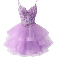 Robe de soirée rose en tulle à bretelles spaghetti, avec appliques en dentelle, courte, à volants étagés, pour bal de promo et fêtes, pour femme