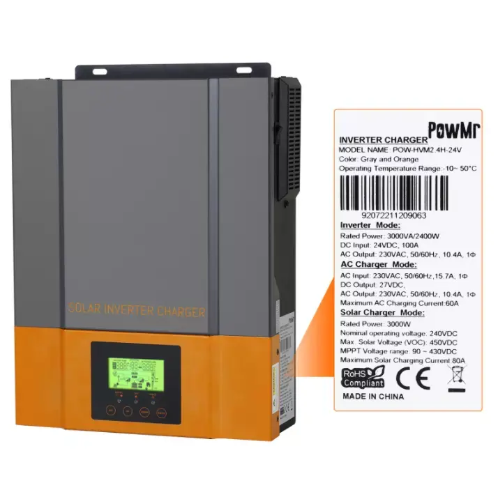 Powmr 12V 24V 1.5KW 2.4KW 80Aソーラーパワーインバーター1500W、ソーラーパネルシステム用MPPTソーラー充電コントローラー付き
