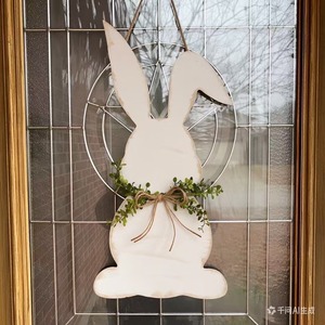 Vintage Easter Bunny Door Hanging White Wooden Rabbit Decoration With Green Leaf Indoor Easter Decor - Product Image 3