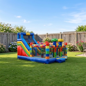 Château gonflable pour enfants avec toboggan et parcours d'obstacles à thème blocs, combo château <span class=keywords><strong>de</strong></span> saut humide/sec avec souffleur pour fête - Product Image 5
