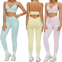 Conjunto de Yoga de 2 Piezas para Mujer, Sujetador Deportivo y Leggings sin Costuras con Encaje, Ropa Deportiva Elástica en Cuatro Direcciones, Cintura en Forma de V para Gimnasio y Fitness