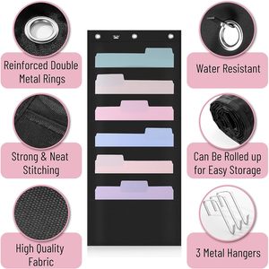 Hanging Wall File Organizer 6 Pocket Black Over Door Storage With 3 Stainless Steel Hangers For Office Home Use - Product Image 4