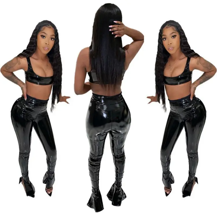 Damen bekleidung Hot PU Leder Mode Sexy Schlitz Lederhose Plus Size Zweiteiler Set Y2K Damen bekleidung