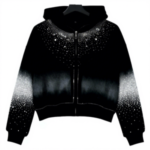 Sweat à capuche zippé noir pour homme avec strass, couleur dégradée, style Hip Hop, coupe oversize, respirant, épais, avec strass - Product Image 1