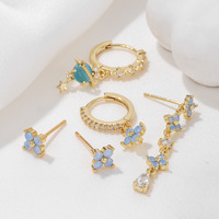 Anting Tusuk Bunga Biru Lapis Emas Ramah Lingkungan Terlaris, Set 5 Buah dengan Rumbai untuk Wanita