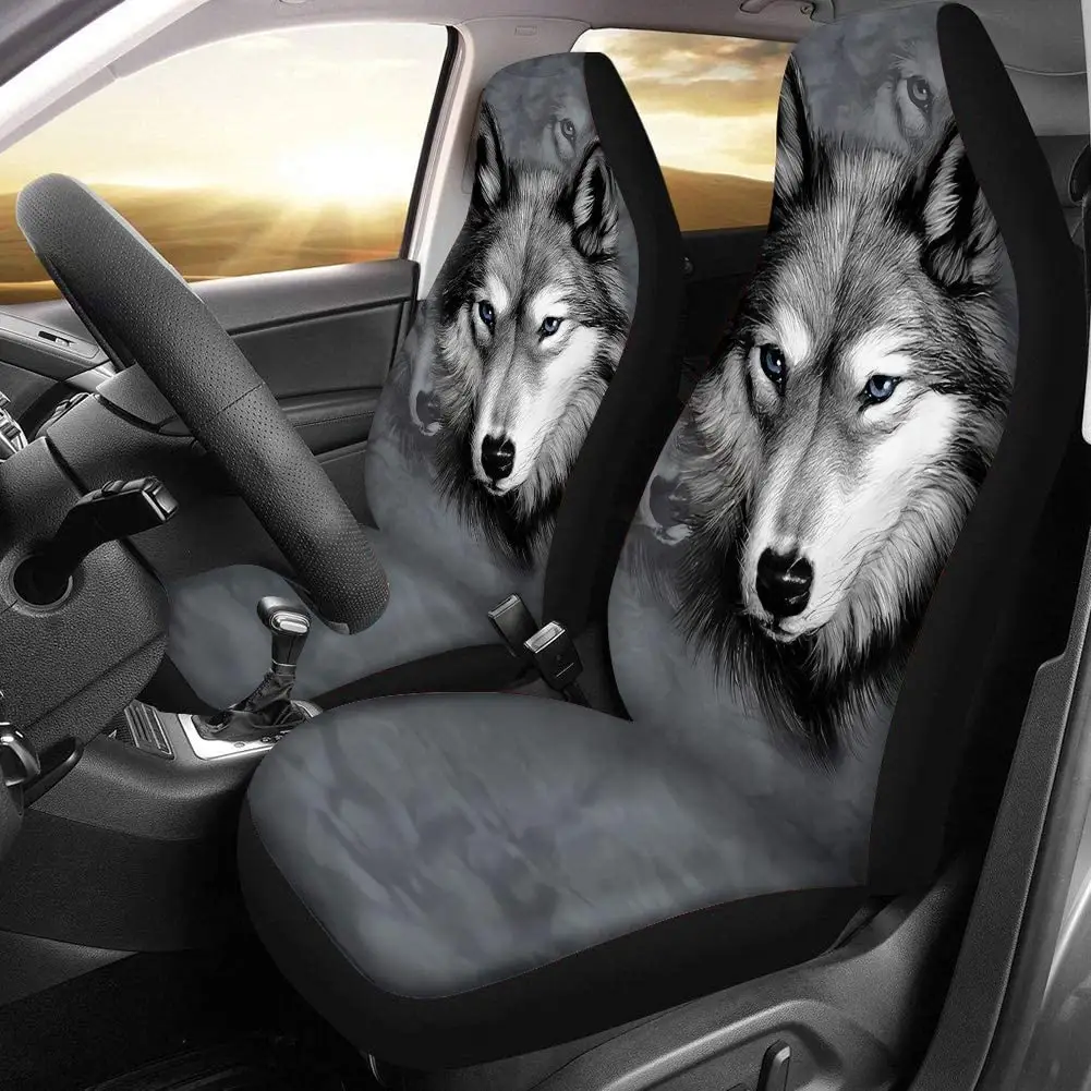 مجموعة من 2 اكسسوارات السيارات حماة سيارة ديكور عالمي صالح ل سيارة مخصصة الذئب Grey الطباعة مقعد السيارة يغطي