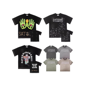 SATOSHI NAKAMOTO Nouvelle Collection Printemps T-shirt en Coton Imprimé Délavé Effet Vieilli avec Cordon de Serrage Rayé Coupe Ample Style Streetwear - Product Image 1