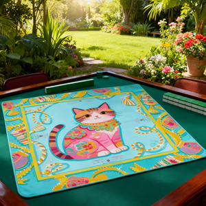 Luxury Non-slip Mahjong Mat Kitty Pattern Portable Foldable Rubber Backed Board Games Lockstitch Cloth Poker <b>Entertainment</b> - Product Image 2