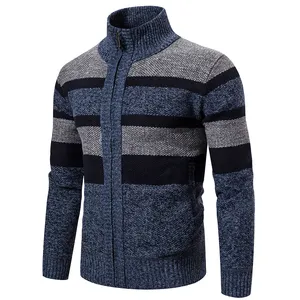 Suéter de malha com zíper para homens, cardigã de manga comprida listrado, casaco esportivo com gola