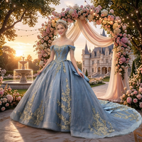 Robe de bal moderne en satin bleu ciel avec décorations florales et traîne chapelle pour Quinceañera et bal de promo, idéale pour les robes de 15 ans
