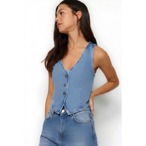 Blue Denim Corset Vest Regular Fit V-Neck Sleeveless <b>Top</b> with Eco-Friendly 240g Fabric Breathable & Quick Dry Vintage Summer - Product Image 1