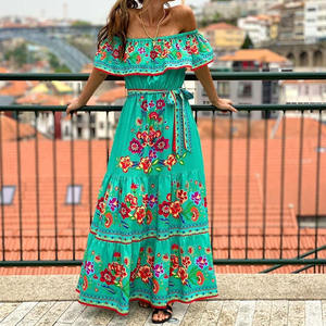 Vestido Largo de Verano para Mujer, Estilo Retro, Cintura Alta, Dobladillo Fluido, Un Hombro Descubierto, Estampado de Color Brillante, para <span class=keywords><strong>Vacaciones</strong></span> - Product Image 2