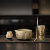 Ensemble de 4 pièces en bambou Firestone rouge, nouveau style chinois, fouet à thé en céramique personnalisé, ensemble de bol à matcha, ensemble de fouet à matcha