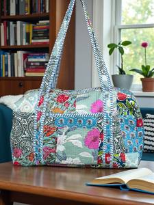 Bolsa de Viaje Grande de Algodón para Fin de Semana, Bolsa de Lona Acolchada Hecha a Mano, Bolsas de Viaje con Estampado de Bloques, Bolsa de Mano - Product Image 4