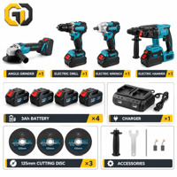 Kit combiné d'outils électriques sans balais GD 20V, 4 pièces : Marteau perforateur, Meuleuse d'angle, Perceuse, Clé à chocs, 2x4.0Ah pour atelier OEM