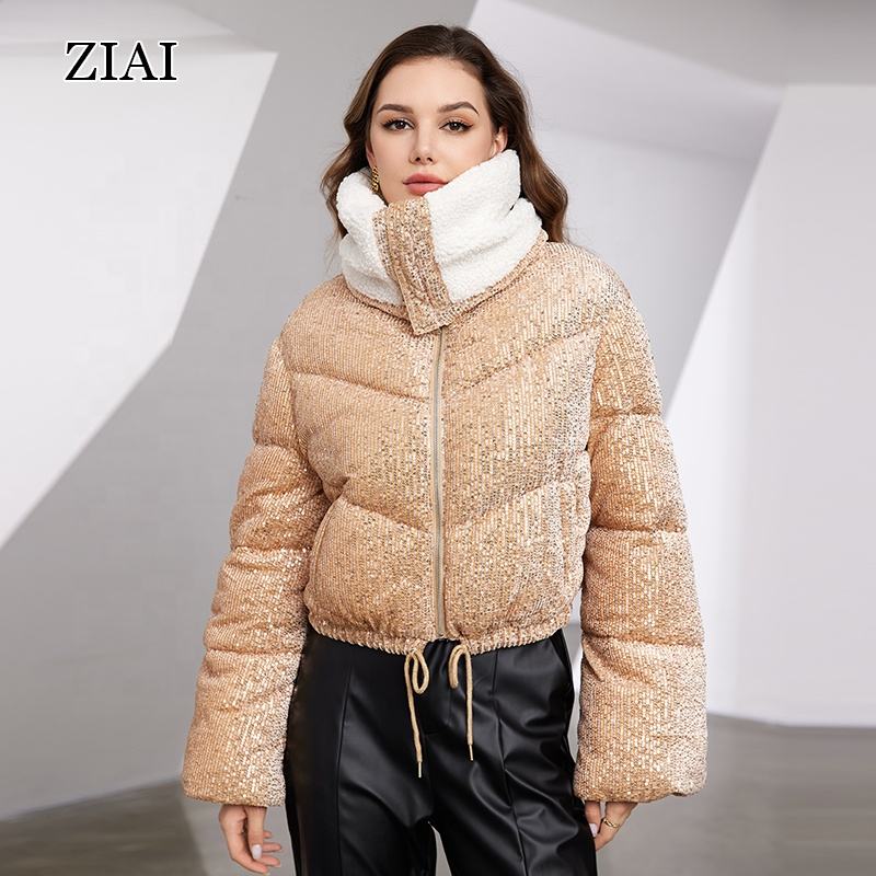 Ladies Jackets Gold Cropped Puffer Jacket 2025 Women Warm Winter