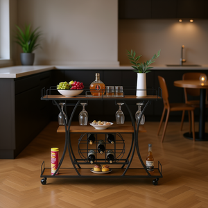 Chariot de bar marron peint avec porte-vin et porte-verres pour service de cuisine, ensemble de boissons moderne - Product Image 2