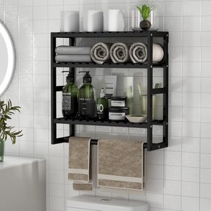 Black Bamboo Bathroom Storage Rack 3 Tier <b>Wall</b> Mounted Shelf With Towel Bar Eco Friendly <b>Floating</b> <b>Shelves</b> - Product Image 1