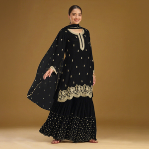 Ensemble traditionnel indien et pakistanais pour femme en soie georgette noire brodée avec dupatta, longueur ras du sol, coupe classique, séchage rapide, toutes saisons - Product Image 1
