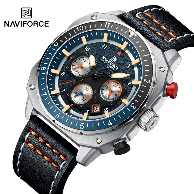 Naviforce NF8057 Classic  Man Quartz Watch Exclusive Genuine Leather Strap Water Resist Chrono Date Display Business Hand Watch