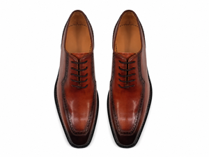 <b>Mens</b> Burnished Brown Brogue Derby Shoes Genuine Leather <b>Apron</b> Toe Lace-Up Rubber Sole Formal Dress Shoes - Product Image 3