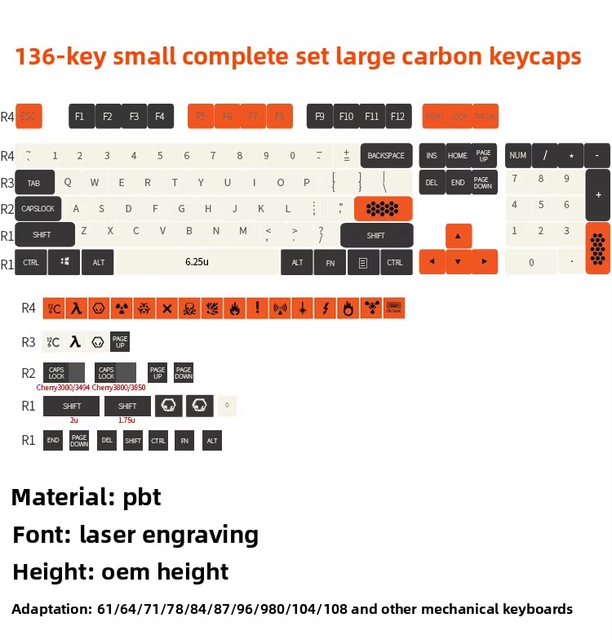 Gmk PBT Keycaps for Big Carbon King Mechanical Keyboard 136-Keys with Laser Engraved Customization