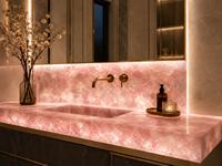Dalles polies en quartz rose naturel, pierre semi-précieuse, découpées sur mesure, panneaux rétroéclairés, façades de bar, dessus de console et dessus de table