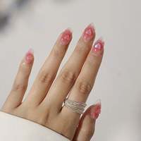 Faux ongles à presser en acrylique transparent effet gelée, longs, forme amande, avec motif cœur 3D pailleté, effet vague de couleur rose pêche, personnalisables, pour rendez-vous et trajets quotidiens