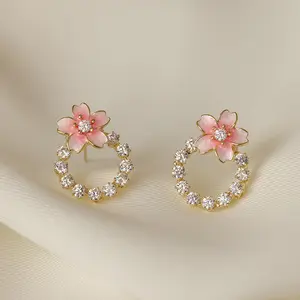 粉色樱花花圈耳钉女孩魅力奢华珍珠耳环饰品