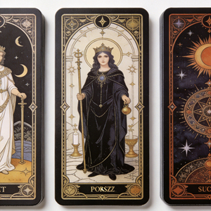 Baraja de cartas de tarot góticas personalizadas en negro y dorado, estilo vintage oscuro, con libro de instrucciones para terapia espiritual y rituales. - Product Image 2